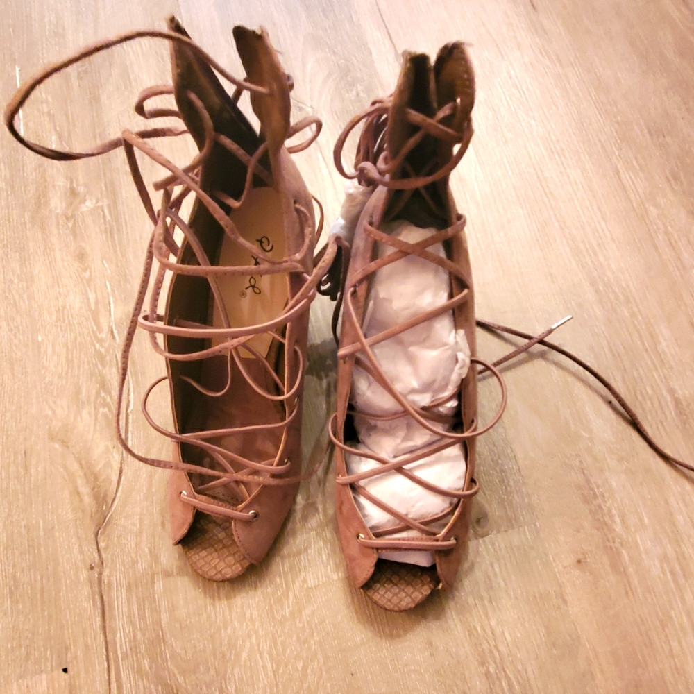Quipid taupe faux suede  lace up wedges